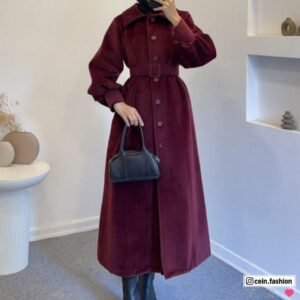 معطف تركي طويل بلون خمري بتصميم مبطن وفرو فاخر